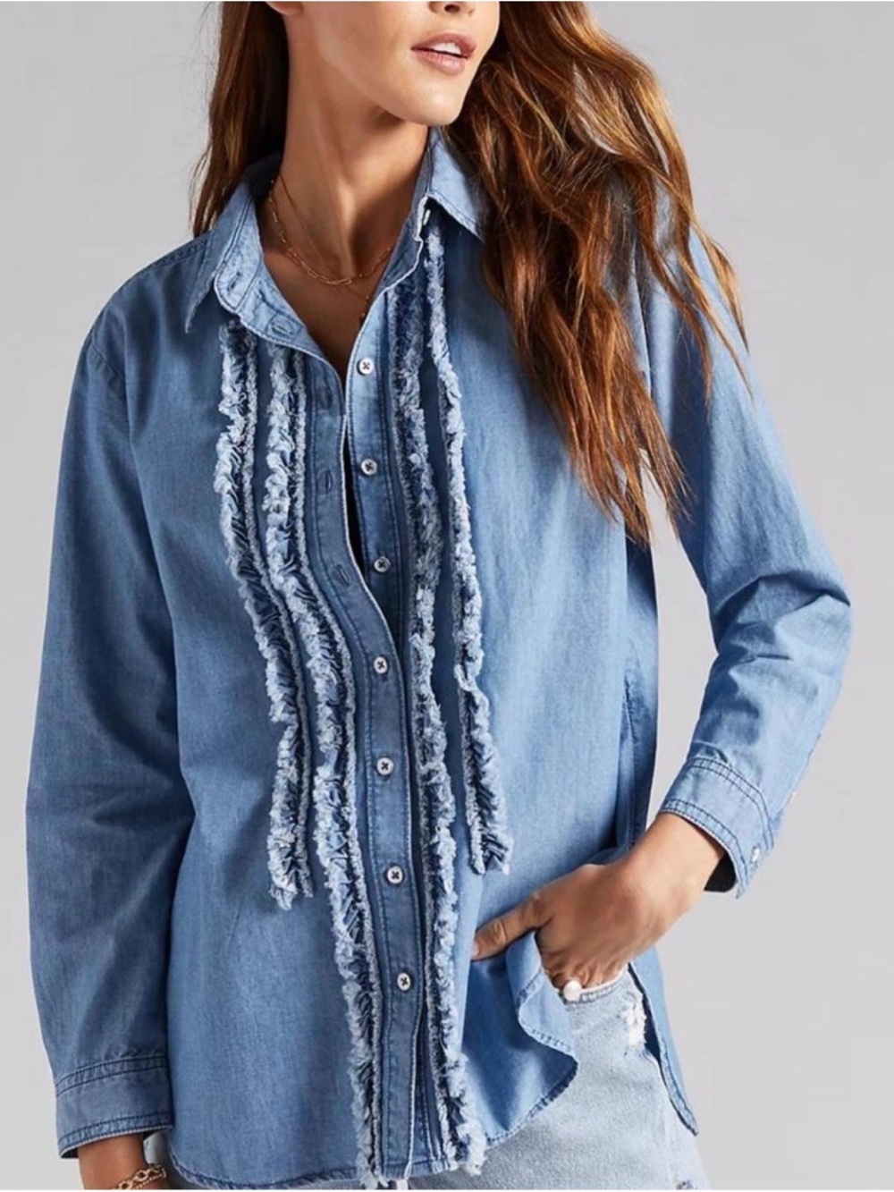 Pilcro Light Denim Ruffle-Trim Button-Down Shirt